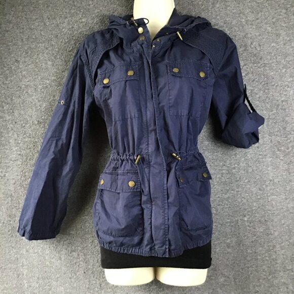 Michael Michael Kors Blue Hooded Zip Front Utility Jacket Sz P - Picture 1 of 10